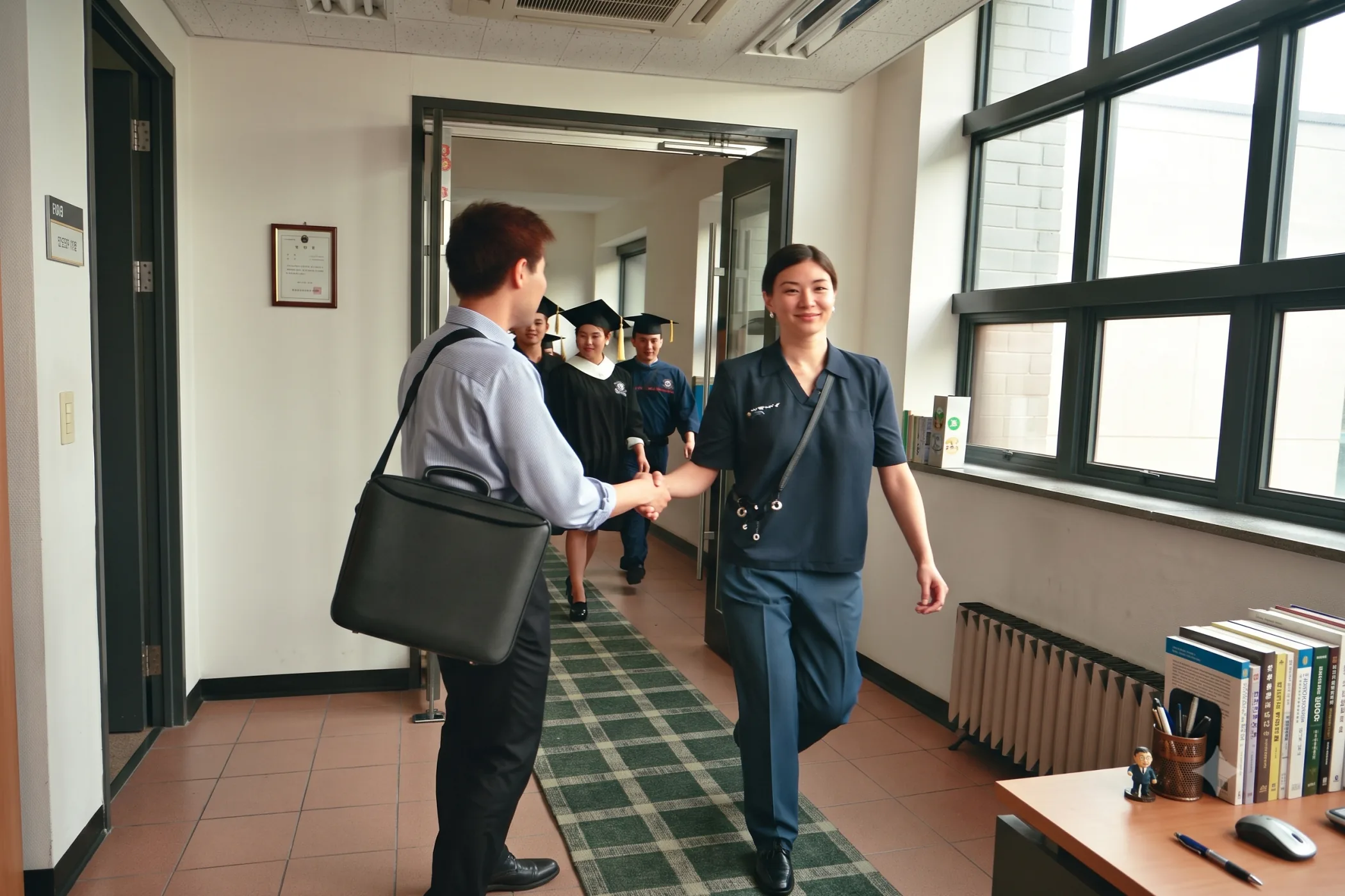 A professional welcoming a worker as other candidates arrive behind them.