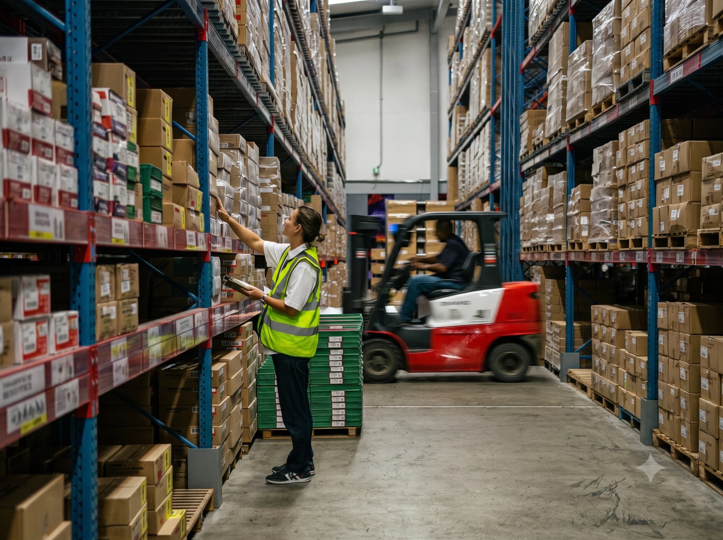 A worker handling inventory in an active distribution environment.