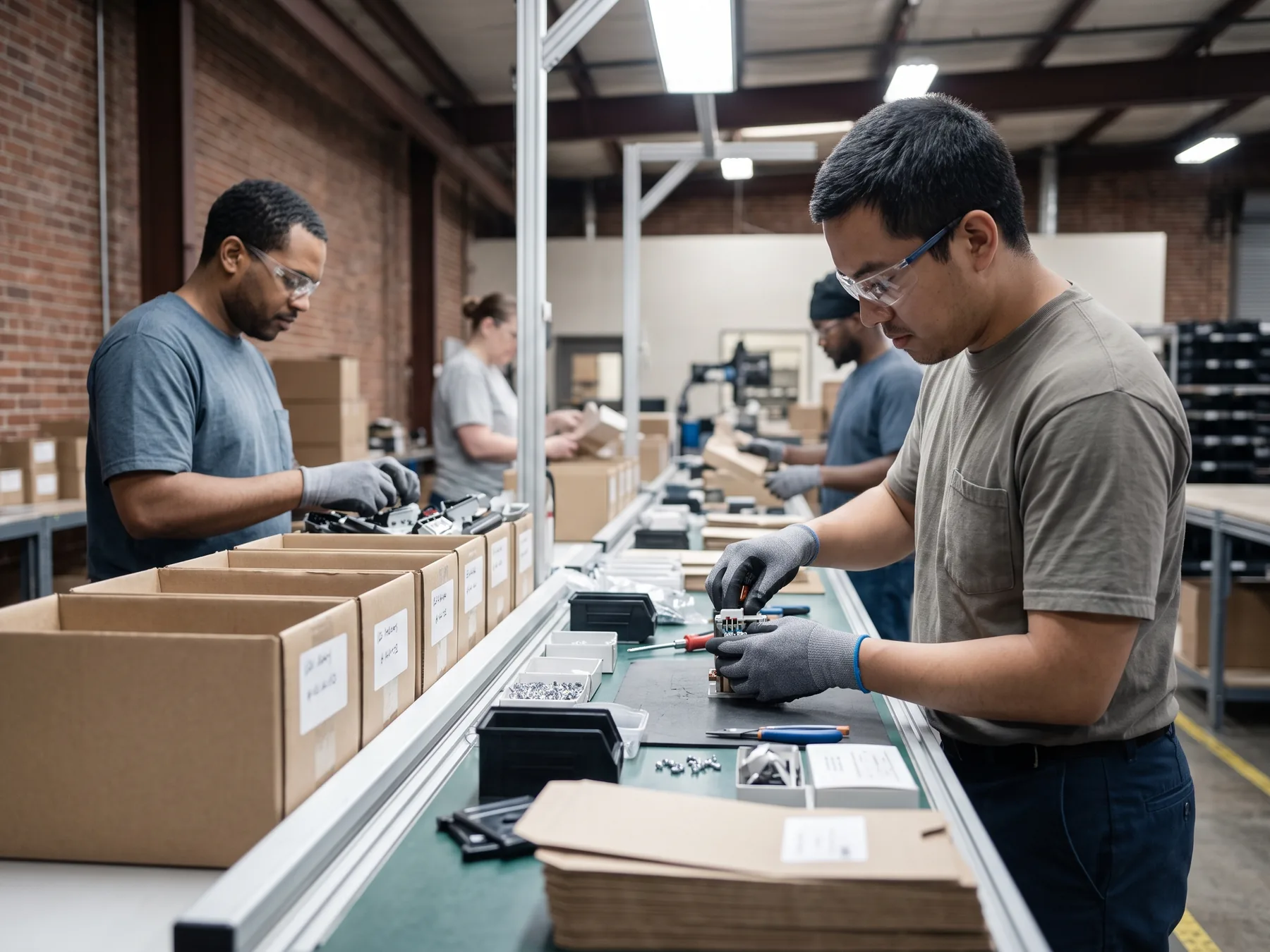 Light industrial workers assembling and inspecting products at an orderly line.